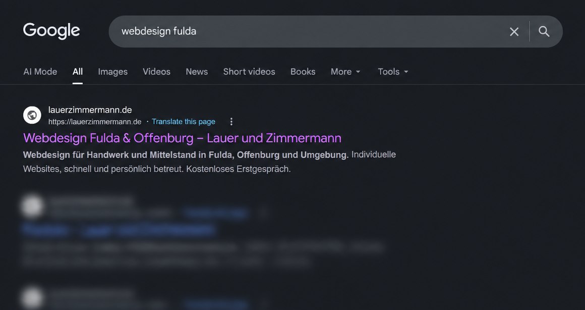 Google-Suche nach „webdesign fulda“ mit lauerzimmermann.de als erstem Treffer
